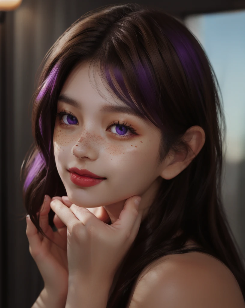 1 girl, Japanese, 4k, realistic, soft skin, texturized skin, long whavy brown hair with purple fade, shining purple eyes, red eyeliners, shining red lips, freckles, ?????, smile, closed mouth, soft lighting, portrait, face focus, close up, bright colors, facing viewer.