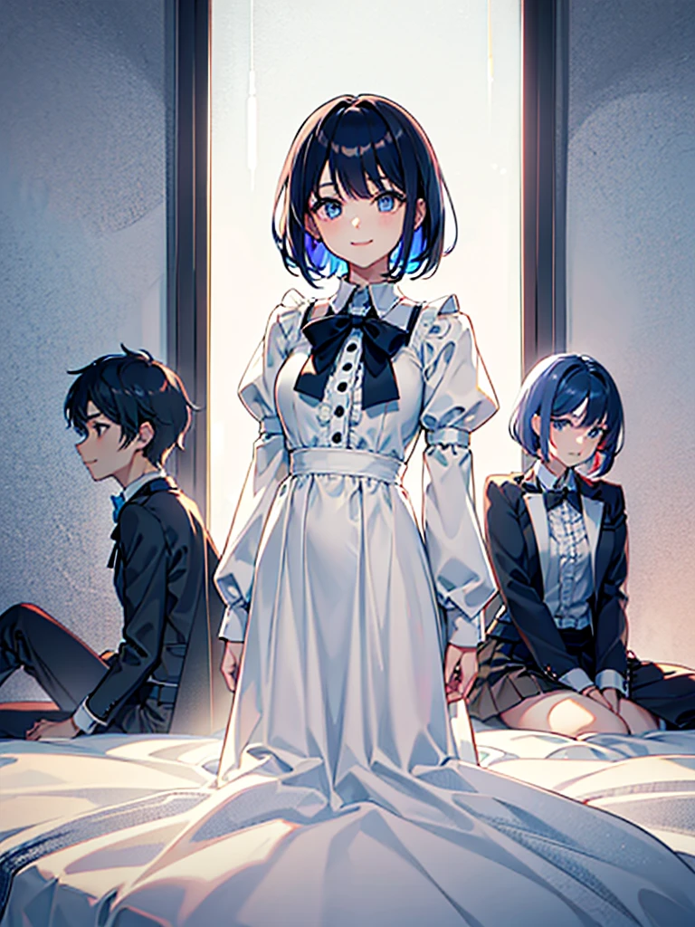 1girl, Expressiveh, light particles, vibrant colors, best quality, high quality, masterpiece, sharp focus, depth of field, black dress, white collar, collared dress, long sleeves, puffy dress, white sleeve collar, white dress frills, legwear, string thigh strap, collar string bowtie, academy, smile, tall female, dark blue hair, light blue eyes, short hair, straight hair, bangs, arm behind head, arm behind back,