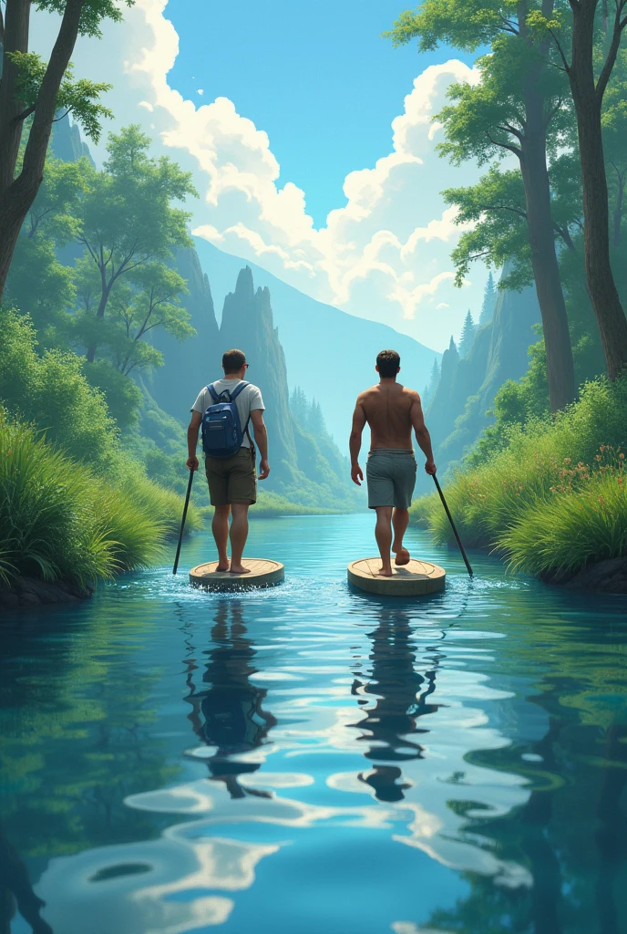bamboo forrest，red fox，flowingwater，mountain stream，Twenty-year-old man，The two looked at each other，Be red in the face，perspire ，Abs --auto