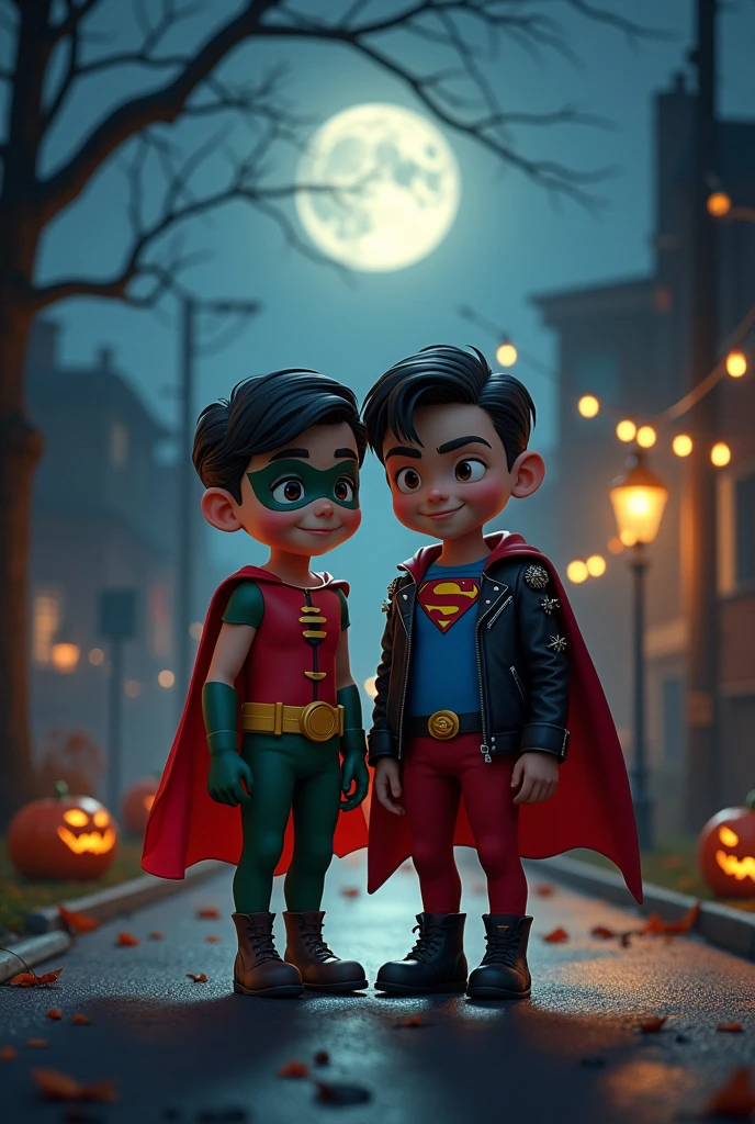 “A dark Halloween night scene with a full moon shining in the sky. The background features a quiet street lined with shadowy trees and a few distant silhouettes of houses. The street is dimly lit by a few glowing streetlights, casting faint shadows. There are subtle Halloween decorations like pumpkins, spider webs, and string lights scattered along the edges. The atmosphere is mysterious and festive, with an eerie glow from the moon. The focus is on two characters in the center: one dressed as Robin with a red cape, green pants, and a visible diaper, while the other is in a punk-style Superboy costume with a blue shirt, black leather jacket with spikes, and red pants. They are standing together, with expressions of complicity and warmth. The scene has a blend of dark and vibrant colors, enhancing the contrast between the night’s darkness and the colorful costumes