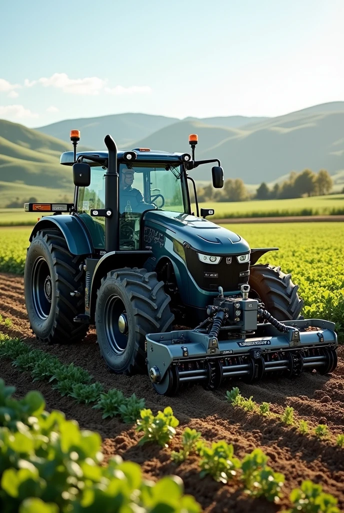 Create a tractor that contains Advanced Technology and mark the parts Cameras and Sensors: Mounted on different parts of the tractor to monitor soil and crop health. The cameras are located on the front and back, while sensors are integrated into the soil and implements.
digital interface: Tractor cab display showing maps, statistics and real-time data.
Sowing de Cobertura Vegetal: The tractor is equipped with implements for sowing cover crops., which include a specialized planting system.
Irrigation Automation: The tractor is connected to an automated irrigation system, visible in the image with pipes and valves.
Implementos de Sowing:
Seeder: Attached to tractor with sowing discs, Seeding pipes and compaction rollers visible at the rear.
Preparing the Land: The tractor is using a plow or cultivator to prepare the soil.
Sowing: The seeder attached to the tractor is sowing the seeds, showing seeding discs and pipes.
SHOW ME THE FARTHEST ANGLE FROM WHICH THE ENTIRE TRACTOR CAN BE SEEN
