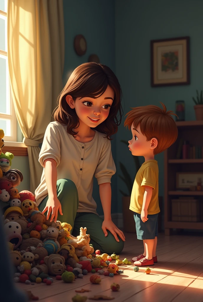 The mother points to a corner where there is a pile of old and damaged toys.. The boy looks thoughtful

