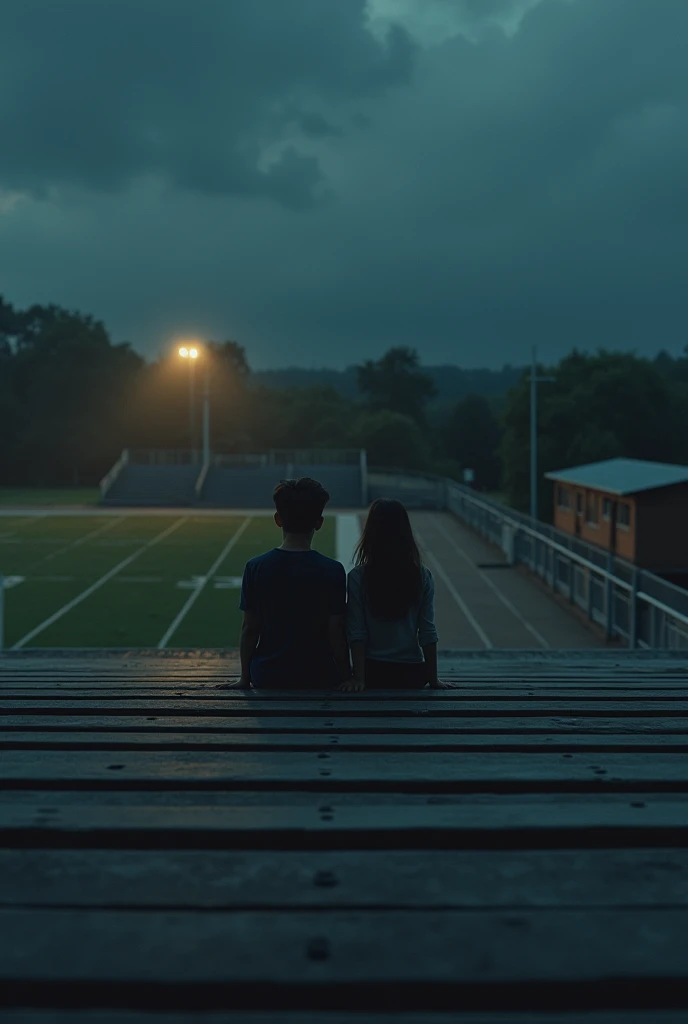 A boy and a girl sitting on a tall, long bleacher with a shed of an old football field at night, with a single street lamp illuminating them from afar while the sky is cloudy