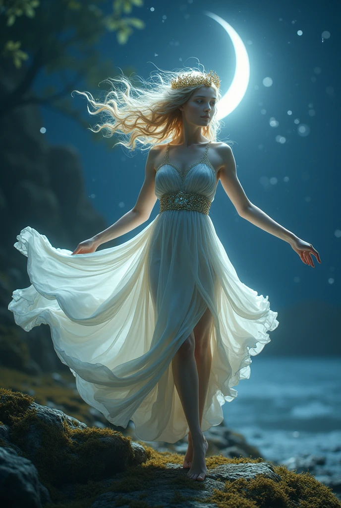 Generates an image of a beautiful nymph from Greek mythology, dancing, with jaguar skin and a moon crown, full body and warrior