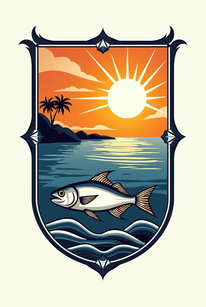 Draw a logo for a fish processing plant in a heraldic frame in the right corner, a sun diagonally, a picture of a fish at the bottom, a wave