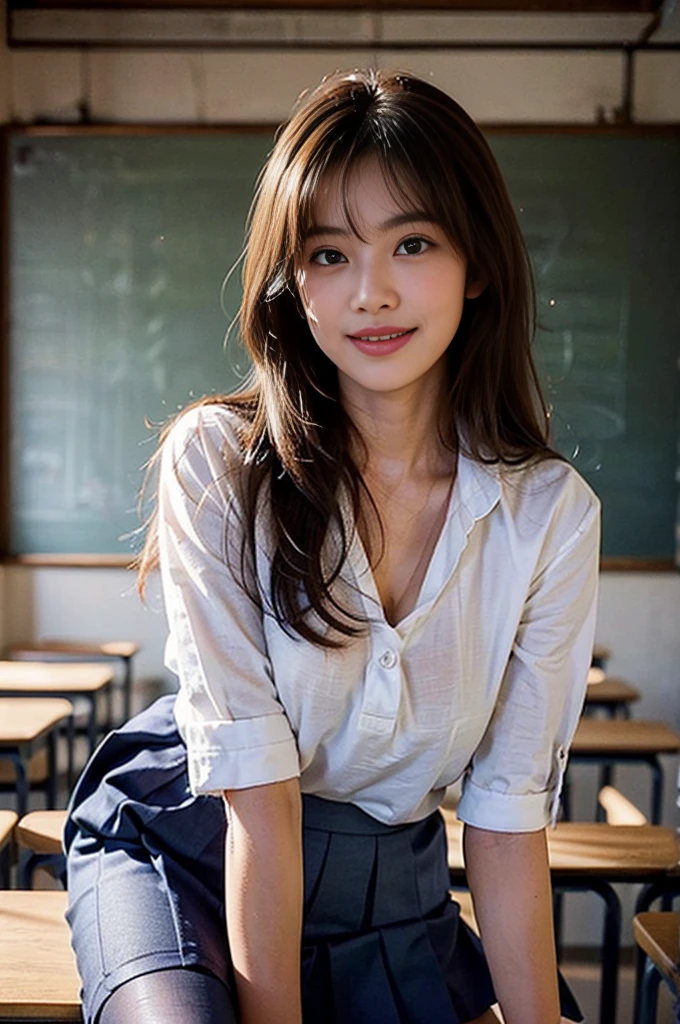 ((beautiful a girl:1.3)) ((School uniform:1.5)) (((Smile:1.2)) ((Medium chest:1.2)) () ((close-up:1.1)) Best Quality,masutepiece,超A high resolution,(Photorealistic:1.4),Raw photo,(Authentic skin texture:1.3),(Film grain:1.3),the panorama,Character Portrait,Very Wide Shot,Narrow waist,Cowboy Shot,(In the Dark, deepshadow, lowkey, cold light,) Night,(()),Streaming Tears,,Dust,Tindall Effect,(expression),,beautiful detailed eyes and face,Brown eyes, ((Full body:1.3)) ((In the classroom)) ((Upper body:1.2))((brown super long hair:1.2))((loose and wavy hair:1.3))