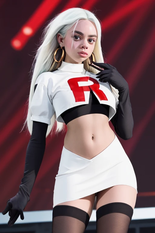 The face of billie eilish, 1girl, solo, team rocket,team rocket uniform,white skirt,red letter R,crop top,black thigh-highs,black elbow gloves, earrings, large breasts,
