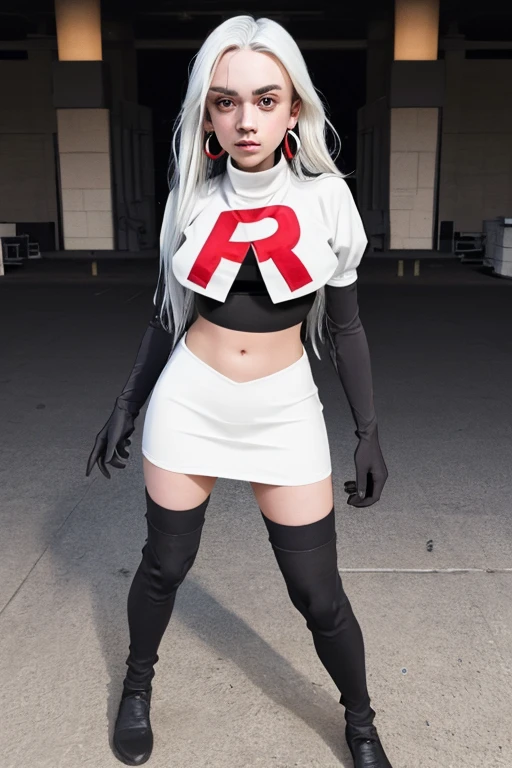 The face of billie eilish, 1girl, solo, team rocket,team rocket uniform,white skirt,red letter R,crop top,black thigh-highs,black elbow gloves, earrings, large breasts,
