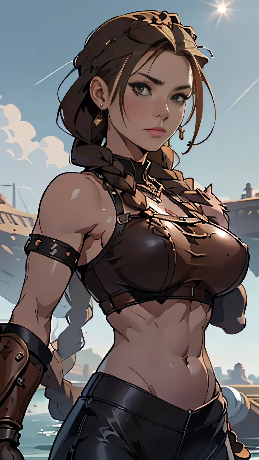 photo of mlp Meowko, RAW, beautiful woman, ((portrait)), ((detailed face:1.2)), ((anime face, anime facial feature, clear skin, glossy anime lips, clear skin), (long haircut, brunette, Warrior braids: 1.55), (perfect proportioned body, Strong, muscular, narrow waist, narrow hips, skinny, massive breasts, exposed belly button and abbs), ((she wears a detailed chainmail and leather, Brown leather, bare arms, simple Viking armor, leather combat pants, bare midriff, no gloves:1.1)), Viking ships on a river, (realistic photo, best quality, detailed), (8k wallpaper), (bright cinematic lighting, lens flares, beautiful light, (noon:1.3)) (sharp focus, intricate)