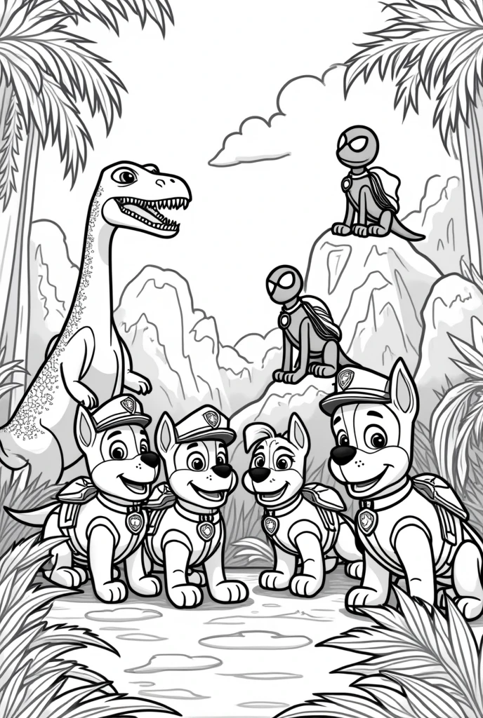 I want an image that contains the paw patrol,dinosaurs and spiderman together No color for a child to color it