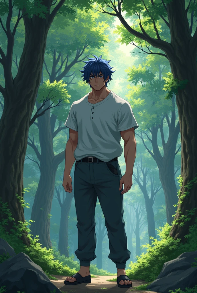 Strong dark blue haired adult male anime character in a forest wearing ordinary clothes