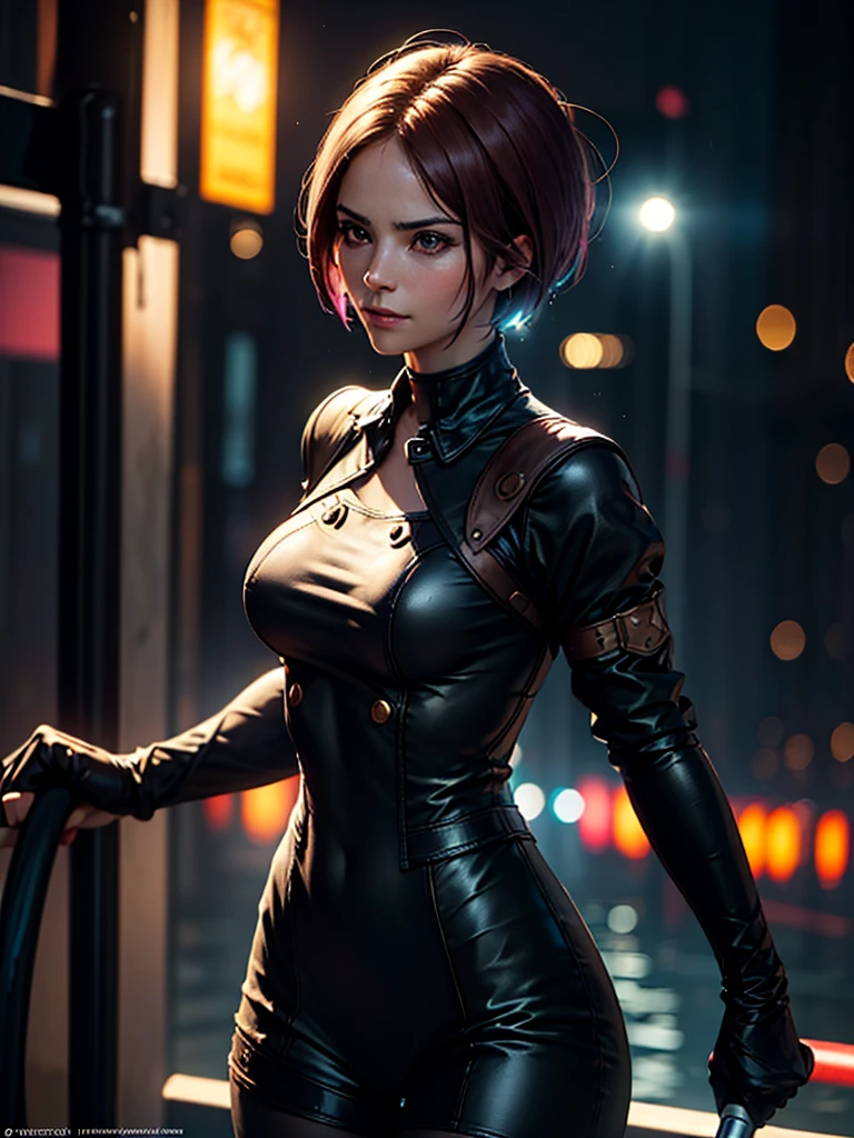 (at night), in a video game scene in the background a beautiful city at night raining, alone, alone, Standing at attention, pink suit, woman's military suit, semi-short hair, ((semi-short hair)), 1 girl, 30 years old, young woman, perfect hands, beautiful fingers, beautiful long legs, beautiful body, beautiful nose, beautiful character design, perfect face, looking straight at the viewer with a serious and angry gesture, she has a whip in her hands ( focusing on his face), closed mouth, light_smile, official art, Extremely detailed CG unity 8k wallpaper, Perfect lighting, bright and colorful front lighting, glowing skin (masterpiece: 1.0), (Best_quality: 1.0), ultra high resolution , 4k, ultra detailed photography, 8K, hdr, High resolution, Nonsense:1.2, Kodak portrait 400, film grain, Blurred background, bokeh:1.2, Lens flare, (vibrant_color:1.2), professional photography, (Beautiful, breasts: 1.4), (Beautiful_face: 1.5), (narrow waist),