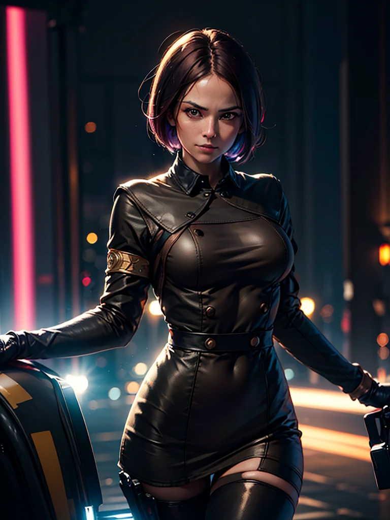 (at night), in a video game scene in the background a beautiful city at night raining, alone, alone, Standing at attention, pink suit, woman's military suit, semi-short hair, ((semi-short hair)), 1 girl, 30 years old, young woman, perfect hands, beautiful fingers, beautiful long legs, beautiful body, beautiful nose, beautiful character design, perfect face, looking straight at the viewer with a serious and angry gesture, she has a whip in her hands ( focusing on his face), closed mouth, light_smile, official art, Extremely detailed CG unity 8k wallpaper, Perfect lighting, bright and colorful front lighting, glowing skin (masterpiece: 1.0), (Best_quality: 1.0), ultra high resolution , 4k, ultra detailed photography, 8K, hdr, High resolution, Nonsense:1.2, Kodak portrait 400, film grain, Blurred background, bokeh:1.2, Lens flare, (vibrant_color:1.2), professional photography, (Beautiful, breasts: 1.4), (Beautiful_face: 1.5), (narrow waist),