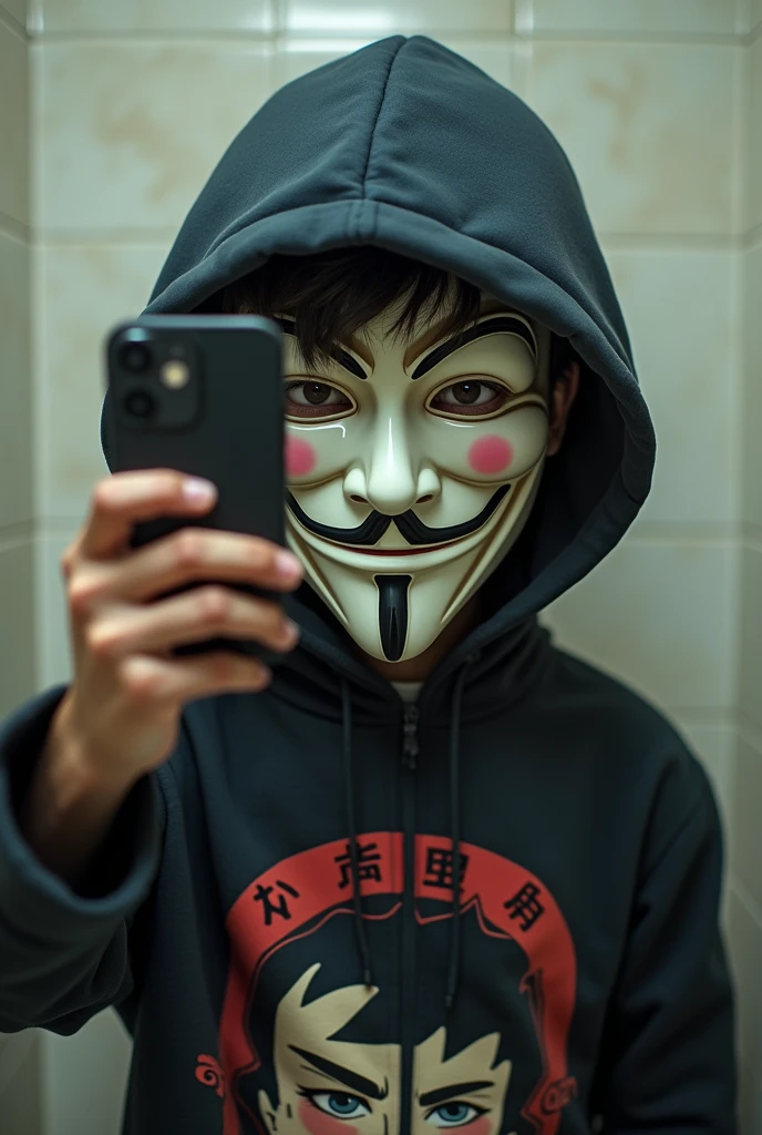 A school boy wearing Guy Fawkes mask and taking mirror selfie with iPhone.wearing jujitsu kaisen hoodie