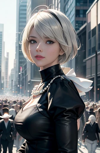8k, ultra realistic, masterpiece, best quality, ultra detailed, beautiful face, beautiful skin, photorealistic, (professional lighting:1.2), nier_automata, 2B, light smile, pearl necklace, looking at viewer, cowboy shot, focus on face, ultra sharp, on street in business district, ultra detailed photo background, (((with the crowd)))