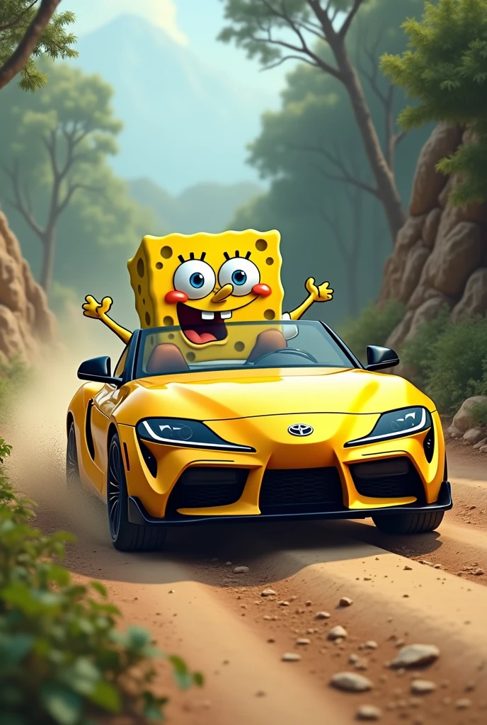 Sponge Bob driving a Supra MK4 on dirt without spoiler 