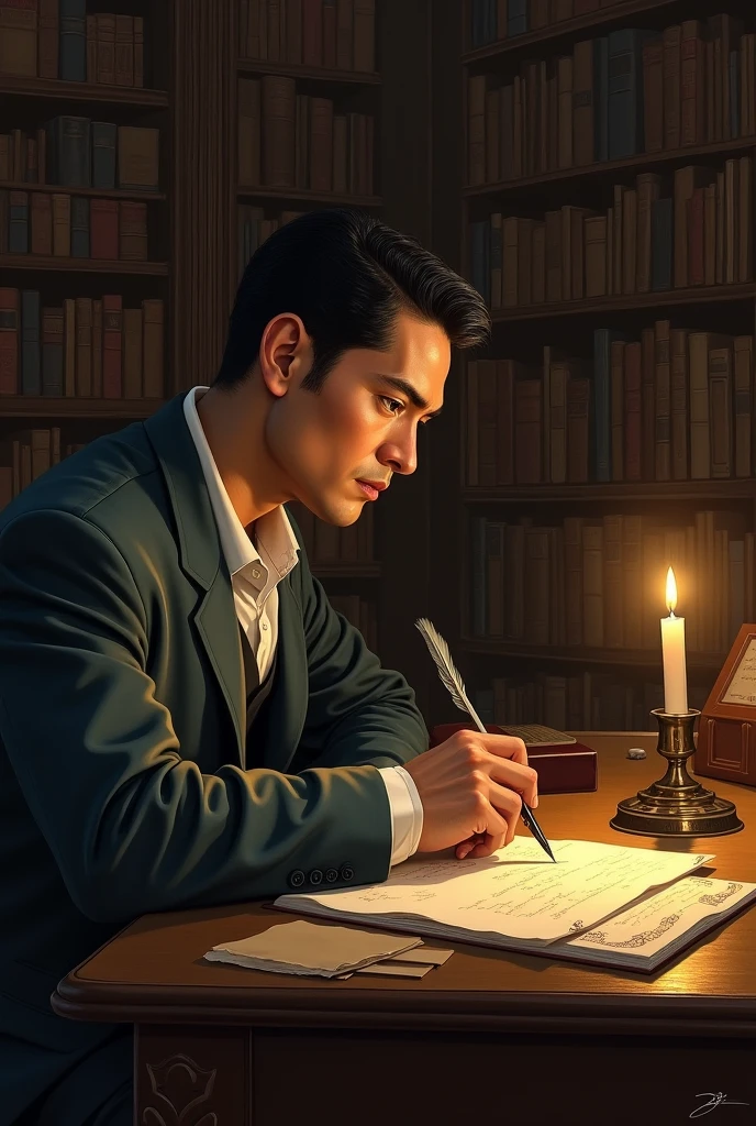 Dr. Jose Rizal sitting on a chair , writing, side view