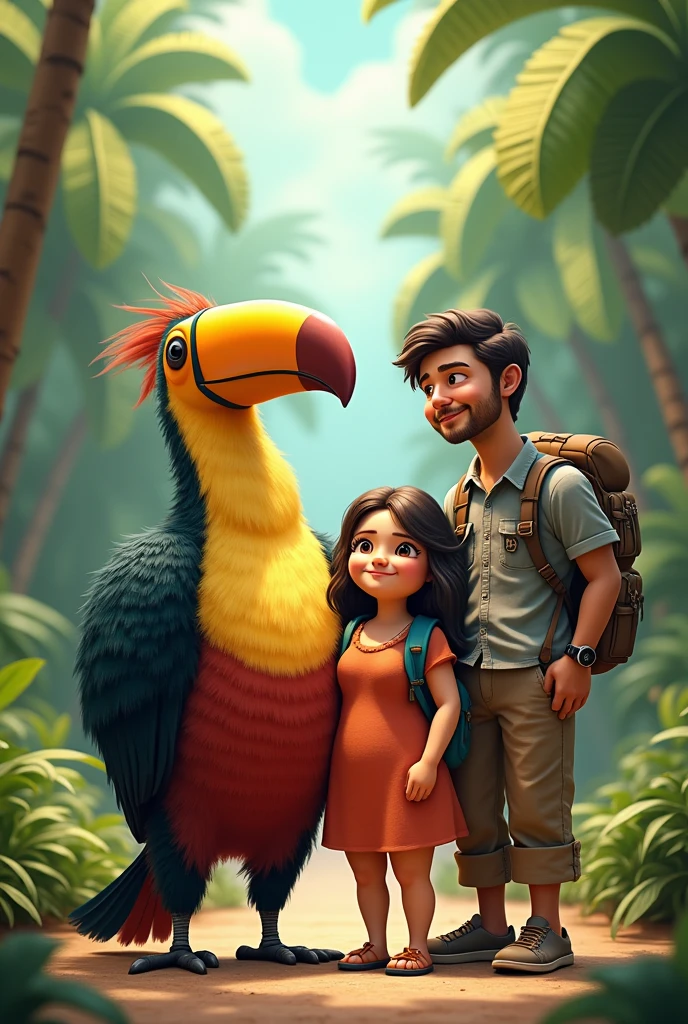 Toucan man next to fat brunette woman and man with backpack

