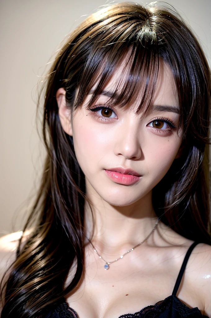 Canon RF85mm f/1.2,masterpiece,best quality,ultra highres,vc,1 girl,(korean mixed,kpop idol:1.2),solo,white_shiny_skin,black eyes,necklace,((brown_short_wavy_hair)),((pink_shiny_lips)),eyelashes,bangs,aface,make-up,shiny,Pore,skin texture,bracelet,offshoulder,see-through,big breasts