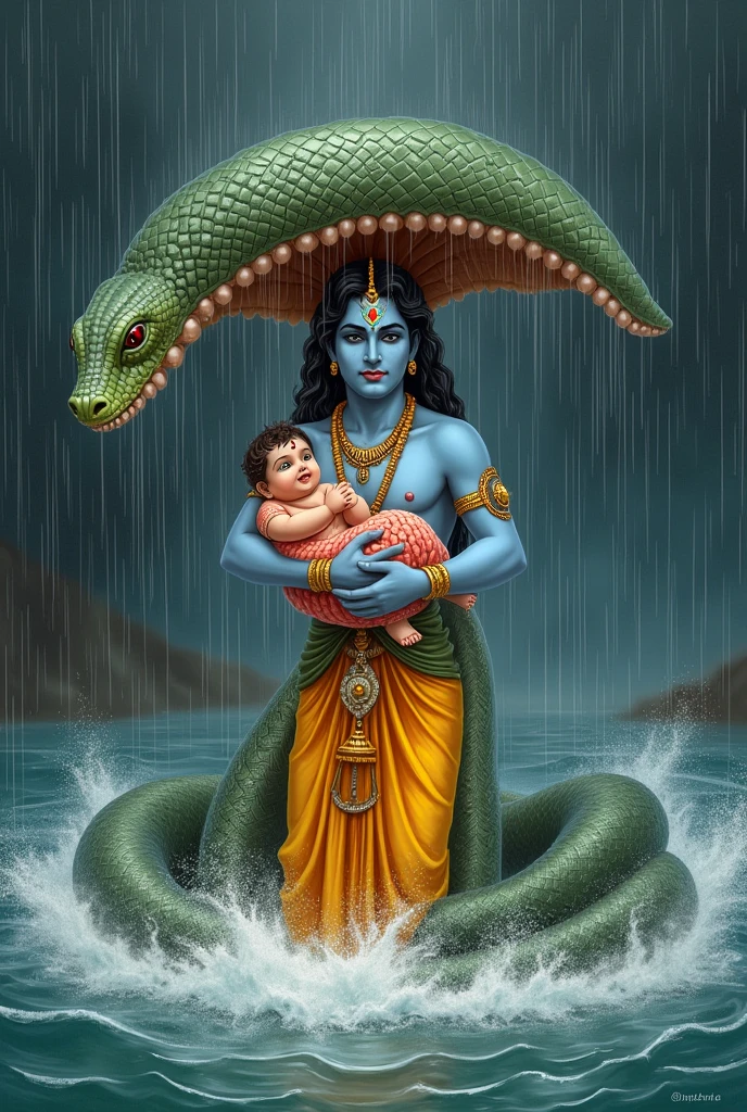 Vasudev ji has made Krishna ji sit in a small bundle and placed it on his head and is crossing on the river and it is raining heavily. Sheshnag ji is protecting Krishna ji from the rain with his 5 hoods.