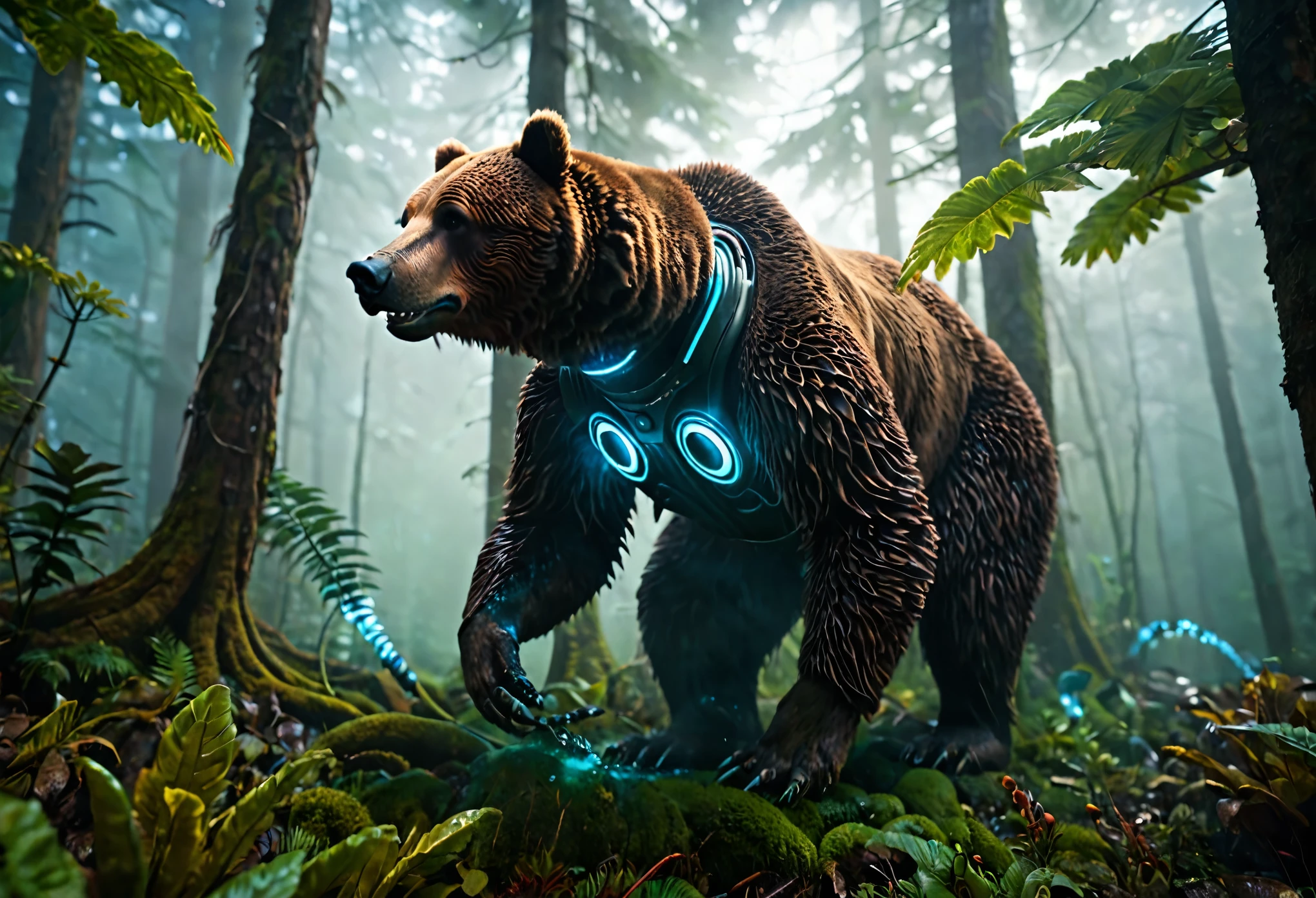 a robotic brown bear, catching alien tentacle salmon, alien forest, hyperrealistic, 8k, highres, detailed, photorealistic, cinematic lighting, moody atmosphere, dramatic composition, vibrant colors, dynamic movement, intricate textures, advanced 3D rendering, volumetric fog, lush foliage, glowing mushrooms, surreal landscape, alien flora and fauna, intricate details, dramatic lighting, vibrant colors, cinematic framing, masterpiece
