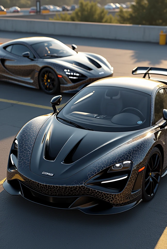 Generate me sports car in a parking lot front view with the headlights on one of the cars will be matte black and the other leopard color makes sure that the image is as realistic as possible
