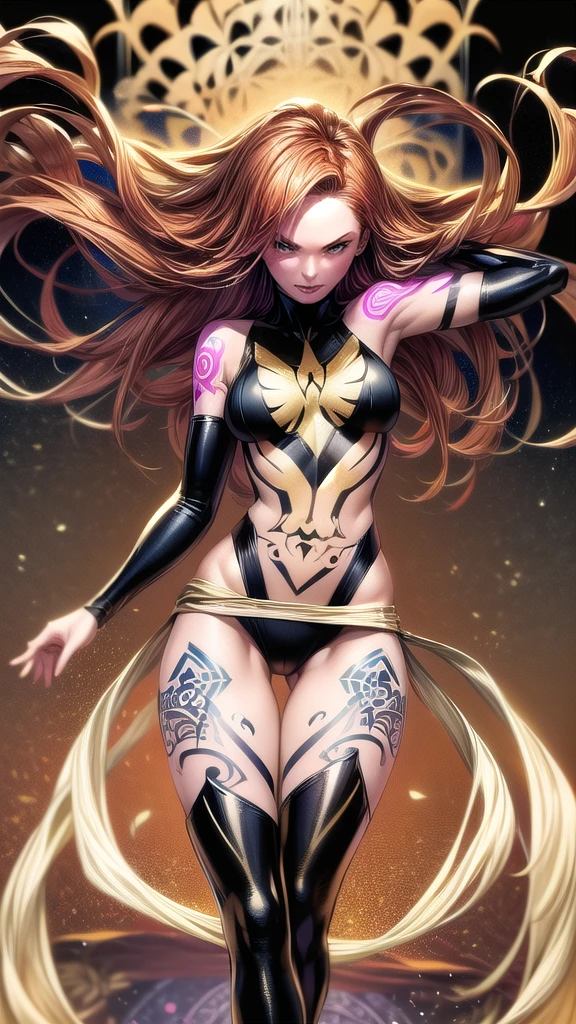 1girl, solo, Jean Grey of X-men, high leg cut out unitard of black and gold, boob window in unitard, ((thighs showing)), ((calf-high boots)), (color mandala tattoos on thighs:1.37), wings on hips, floating in space, arms out in power pose, contrapposto stance, dramatically colorful cosmic background, moody lighting, 16k, best quality, masterpiece, (wide angle:1.27), full length portrait