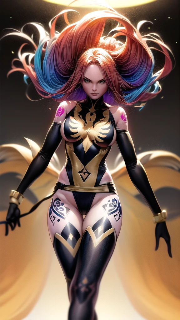 1girl, solo, Jean Grey of X-men, high leg cut out unitard of black and gold, boob window in unitard, ((thighs showing)), ((calf-high boots)), (color mandala tattoos on thighs:1.37), wings on hips, floating in space, arms out in power pose, contrapposto stance, dramatically colorful cosmic background, moody lighting, 16k, best quality, masterpiece, (wide angle:1.27), full length portrait