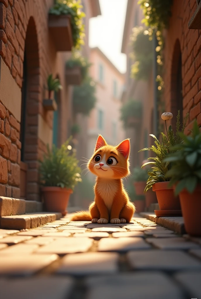 Moti Playing Alone: An image of Moti, the brown cat, sitting in a quiet alley, looking around, perhaps with a longing expression for a friend. Pixar style 