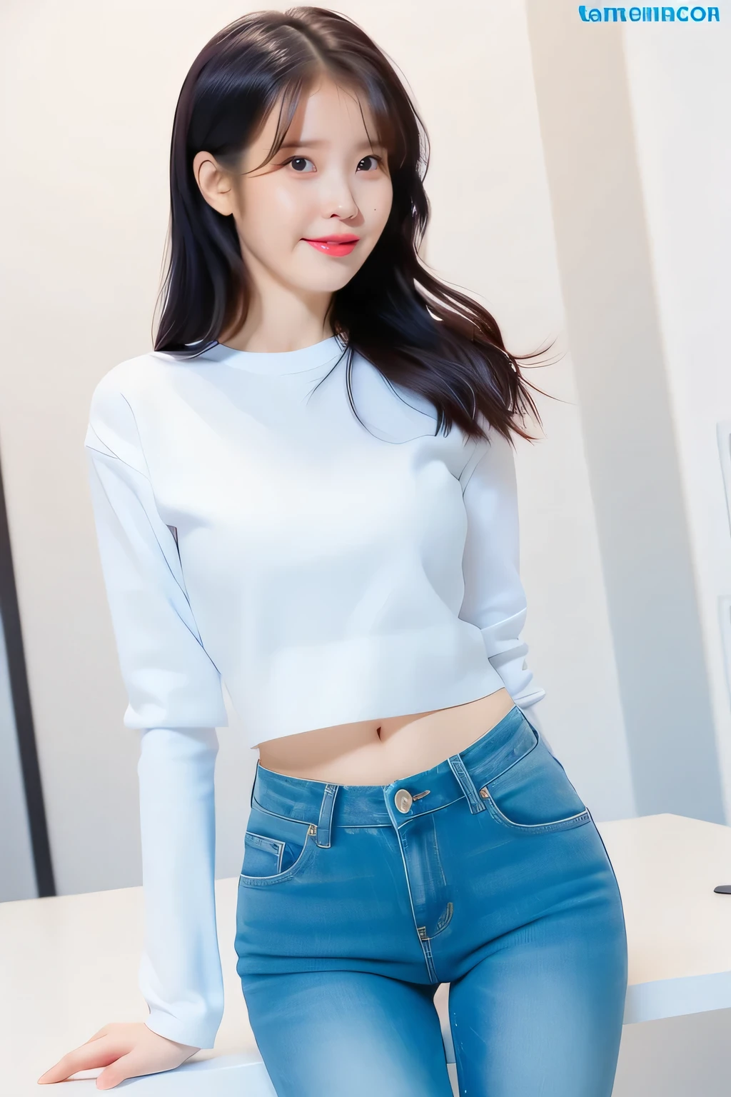 Korean woman sexy posing on a studio, tiny perky breasts, white tiny t-shirt long sleeves, abdomen is exposed and a little of her bra is also exposed, tight light blue jeans, Lee Ji Eun, thigh gap, iu, long hair 