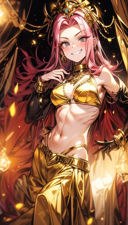 A smug narcissistic pink haired woman wearing a golden bra and golden pants and lots of jewelry flaunting herself