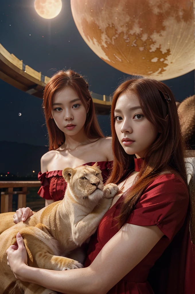 Jisoo from blackpink, redhead, blue eyes, Pale skin, with a red dress with gold next to a white lion and the background of a red moon.