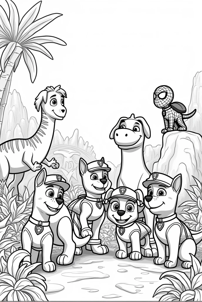 I want an image that contains the paw patrol,dinosaurs and spiderman together No color for a to color it