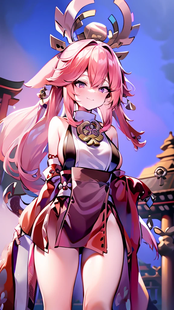 (masterpiece, best quality:1.2), highres, high resolution, solo, 1girl, yae miko, pink hair, side locks, long hair, purple eyes, smile, looking at viewer, seiza, hair ornament, Japanese clothes, sideboob, jewelry, earrings, large breast, large boobs, large chest, light smile, teeth, bare shoulders, portrait shot, upper body shot, BREAK outdoors, sitting, hot spring, legs in water, legs crossed, legs, thighs, steps, blur background, standing, beautiful face, perfect fingers, perfect anatomy. PORTRAIT SHOT, masterpiece, high quality.