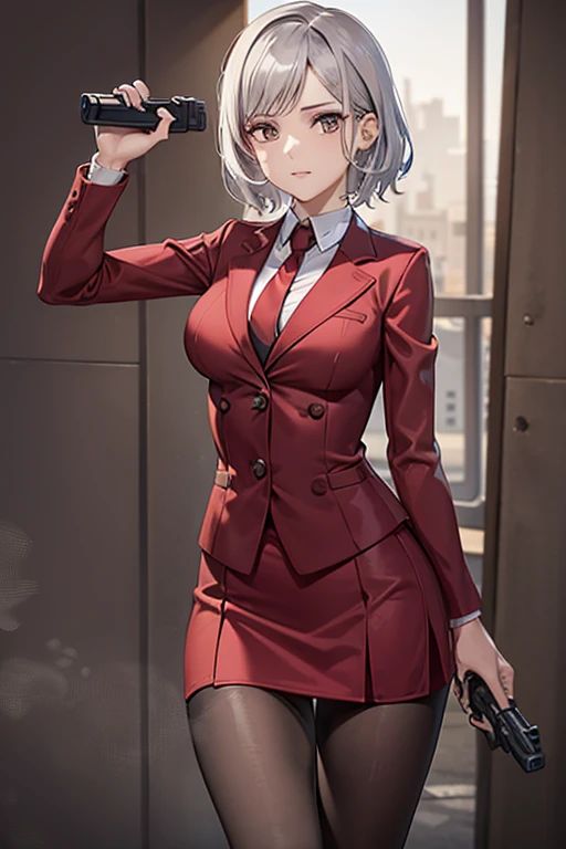 Highest quality、Ultra HD、One Woman、(Silver short hair)、(Red blazer 1.3)、(Red tie)、(shirt)、(Red Heel 1.1)、((Red Mini Tight Skirt))、((Black tights 1.2))、((Shooting with a gun in each hand.5))、Stylish、Beautiful Faces、(Black belt 1.2)、2 female、Glamorous Body、(Sunset slum background 1.2)、((A clear and beautiful touch))