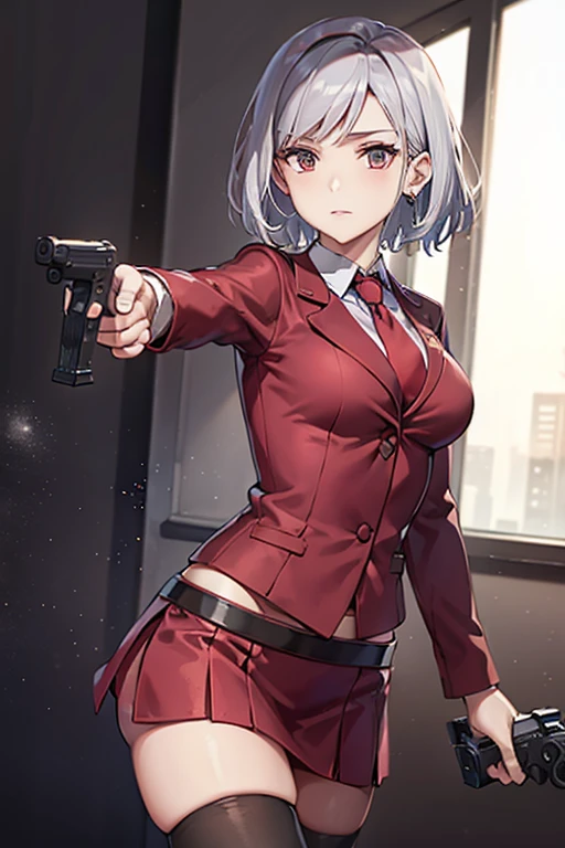Highest quality、Ultra HD、One Woman、(Silver short hair)、(Red blazer 1.3)、(Red tie)、(shirt)、(Red Heel 1.1)、((Red Mini Tight Skirt))、((Black tights 1.2))、((Shooting with a gun in each hand.5))、Stylish、Beautiful Faces、(Black belt 1.2)、2 female、Glamorous Body、(Sunset slum background 1.2)、((A clear and beautiful touch))