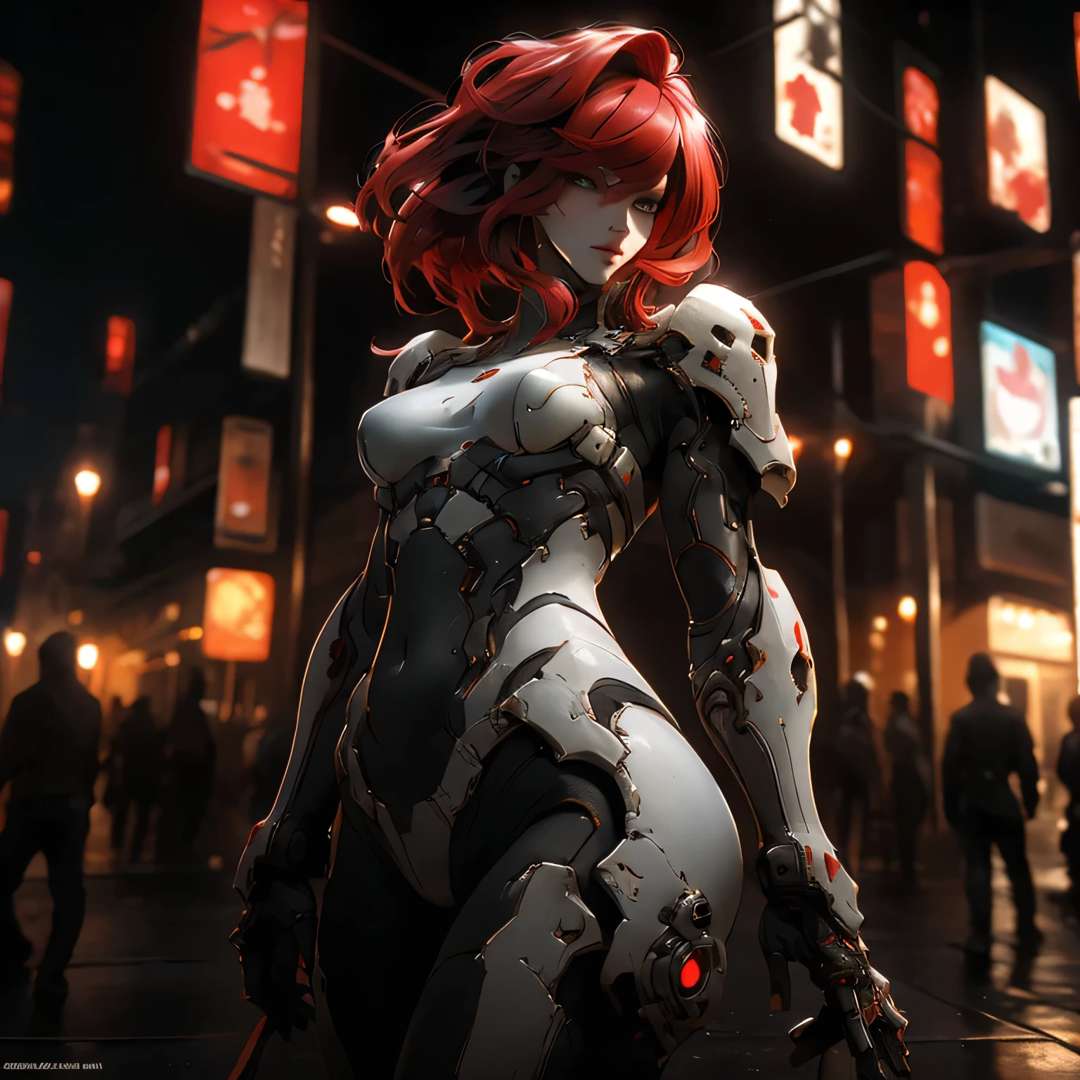 ((best quality)), ((Masterpiece)), (details:1.4), 3d, Image of a beautiful cyberpunk woman., HDR (high dynamic range), mature woman, Hips up, Curtain Bangs, Red hair, white eyes, battle suit, Heavy armor, PBR surface, After processing, Anisotropic filtration,depth of field, Maximum clarity and clarity, multi-layered surface, perfect proportions, 8K raw files, cyberpunk, at night, ผมหลายชั้น, กระโปรงสั้น, natural lighting, soft lighting, sunlight, หน้าอกใหญ่,