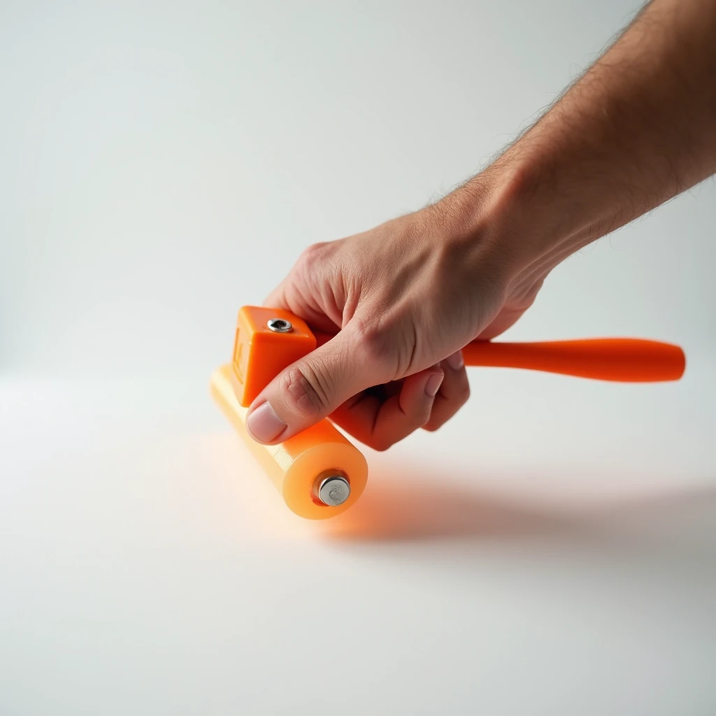 man&#39;s hand close up , holds an orange roller on a long handle in his hand, Studio Photography, studio lighting, realistic skin texture and detail, the man stands slightly sideways, background white uniform, 
