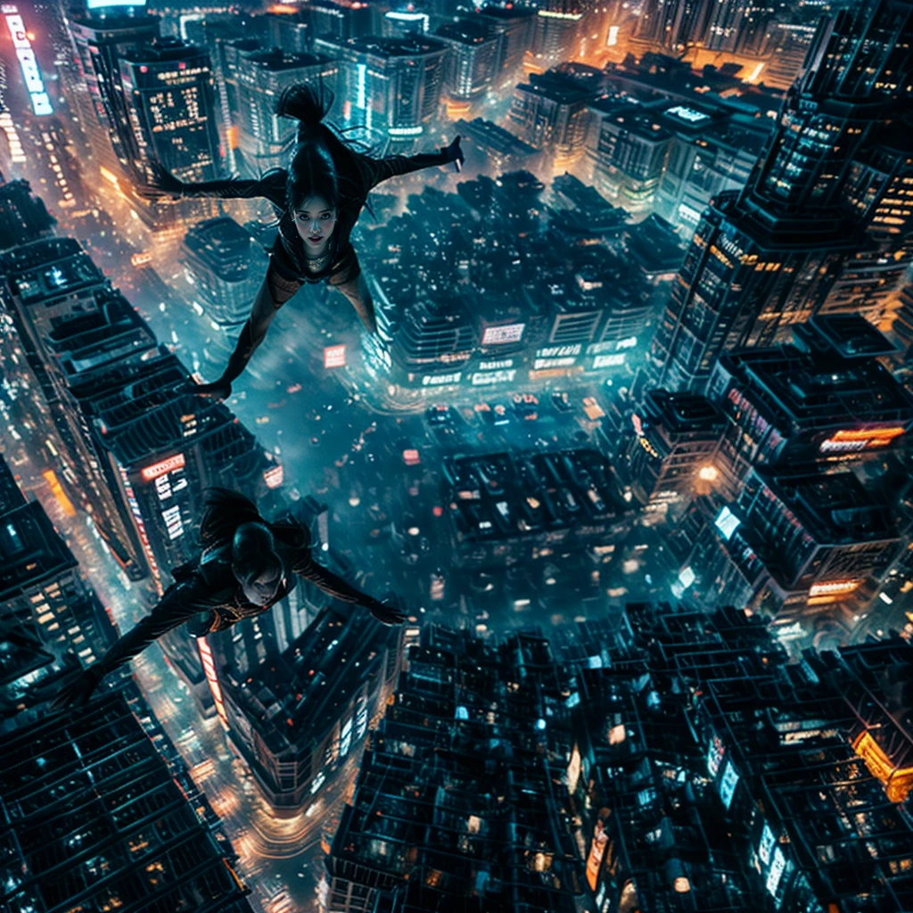xuer flies over, (sexy race qeen), (dramatic, gritty, intense:1.4), city,
motor cycle