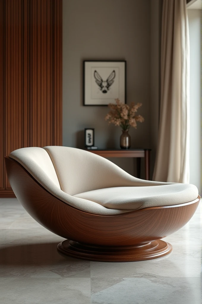 A beautifully designed, strong, and elegant tantric loveseat designed for couples, ideal for engaging in various intimate positions. The chair should have a unique and striking design, combining both aesthetics and functionality. It should be robust and durable, yet feature a sleek, modern look with smooth, flowing curves that support the body ergonomically. The material should be luxurious, possibly a combination of polished wood and high-quality fabric or leather, with a modular, easy-to-assemble structure that adds to its versatility. The setting should emphasize the sophistication and beauty of the chair, perhaps in a contemporary, well-lit room that highlights the craftsmanship and elegance of the piece."

