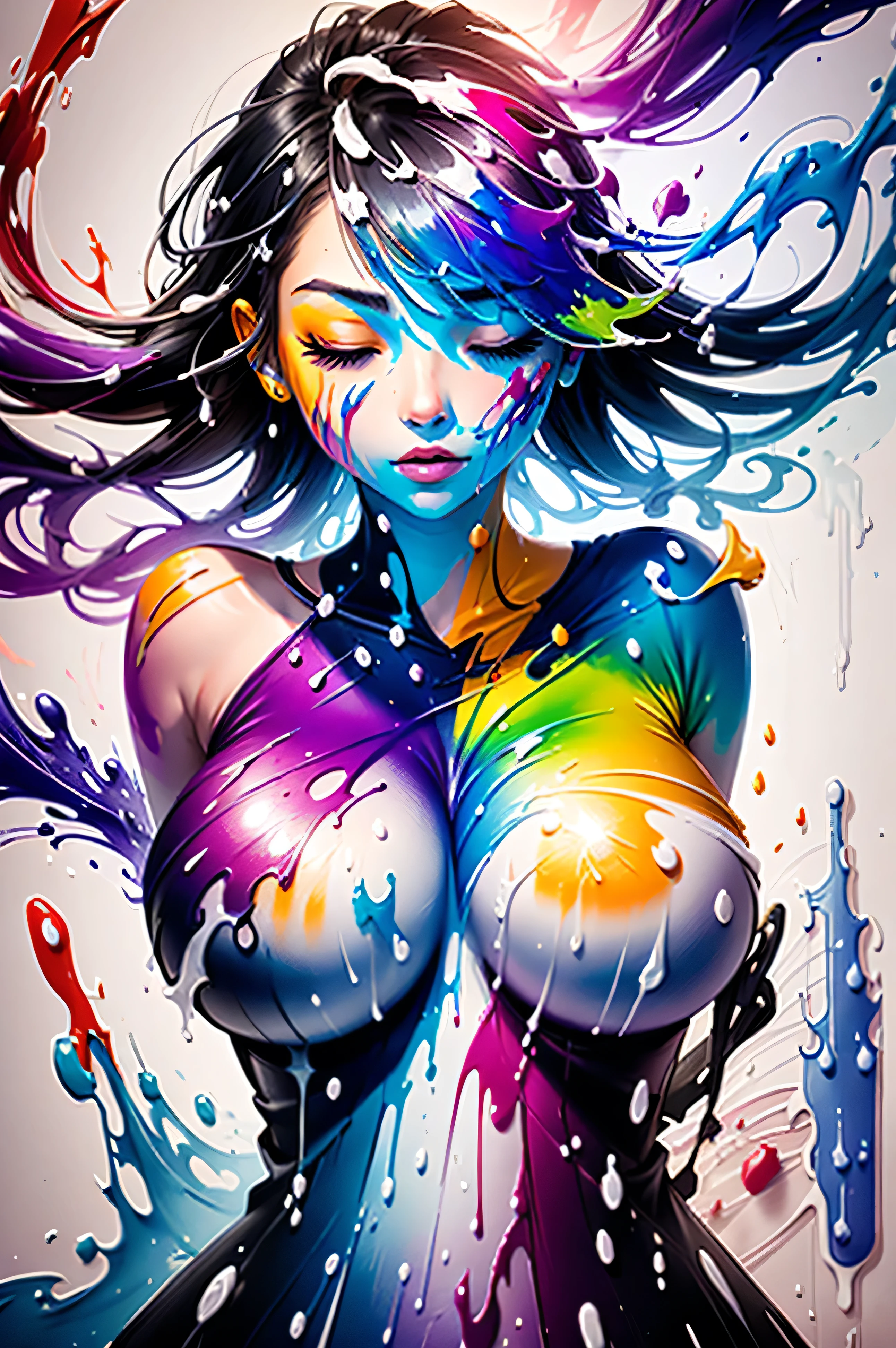a beautifulgirl , , arms behind back, closed eyes ,portrait , style-paintmagic , (((splash of paint))) , colorful , ((((floating colorful paint)))
