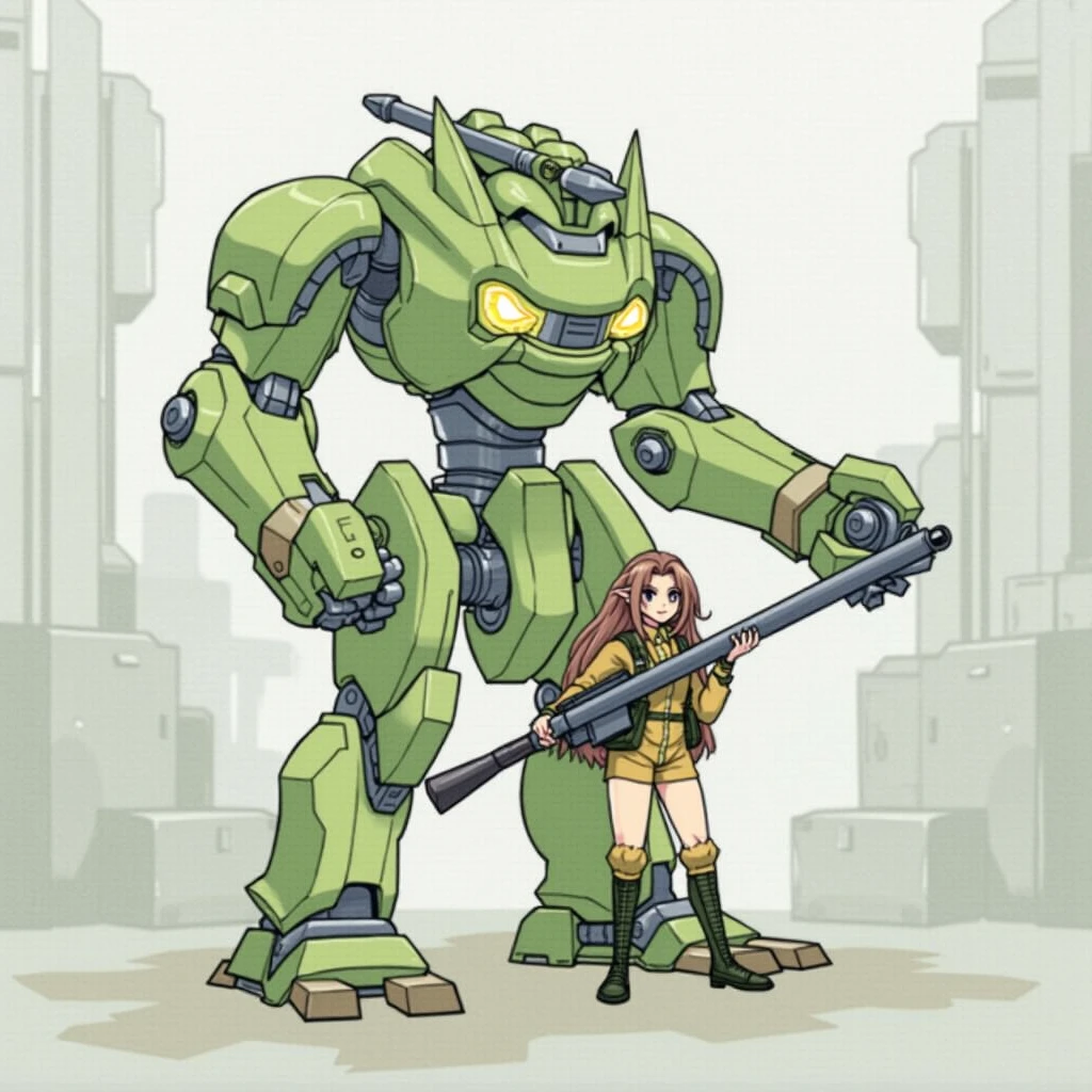 there is a girl with brown hair in millitary uniform holding heavy rilfe standing next to green mech robot with gun, metal gear mech, mecha animal, holding, standing, weapon, holding weapon, character name, gun, 1 humans, 1 robot, traditional media, robot, holding gun, mecha,
