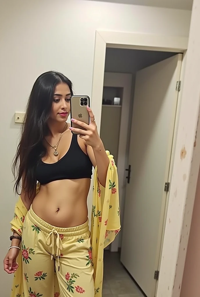 20 years old cute indian girl , long hair , mesomorph body , 25% fat , black top  , sexy and hot , big boobs , deep cleavage , sexy navel , sexy belly , taking mirror selfie , wide navel , full navel , sexy pose