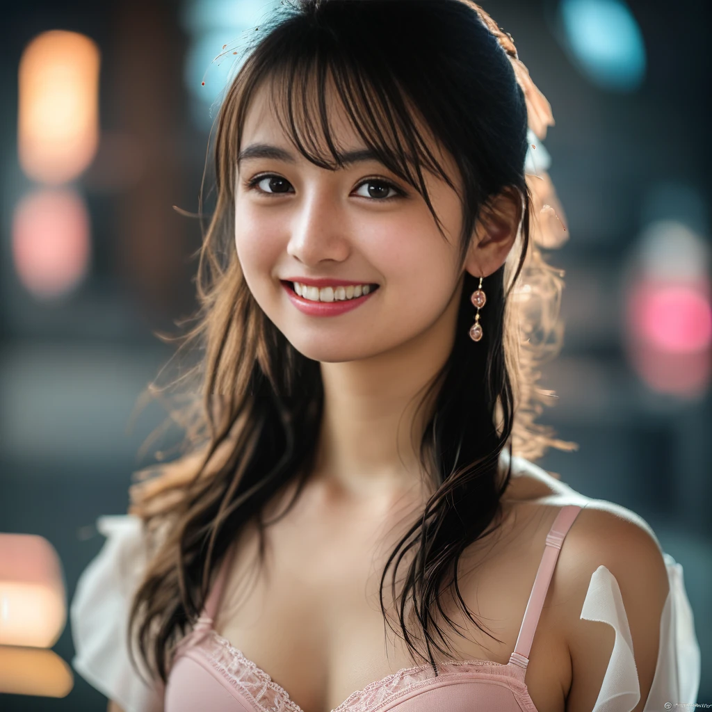 (8k, RAW Photos,Highest quality, High resolution:1.1), (Ultra-realistic:1.4),(Realistic:1.4), Realistic Face,Realistic Body,Realistic Skin,masterpiece,(cute:1.8), Japanese, ((sexy pink bra)), Upper Body, Beautiful dark eyes,Innocent eyes,Cinema Lighting,Film Grain,jewelry,Earrings,((Medium Hair:1.1)),Cherry colored lips,Hair Ribbon,ponytail,Audience,Long Hair,,Open your lips,Upper teeth, (Smiling Eyes:0.6),((Grin:1.3)),Blurred Background, Eye focus , Bokeh,young, 85mm lens, Photon Mapping,Radio City,