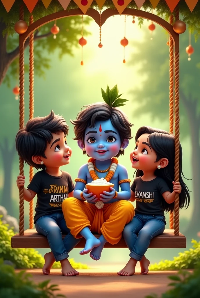 There are Indian boy wearing “Arthav” written Black colour t-shirt and indian girl wearing jeans and girl wearing “Evanshi” written Black colour t-shirt and jeans Both sitting bare feet. on a swing with Krishna ji, Krishna ji is eating yogurt . and “Happy Krishna Janmashtami” written on the swing top border. nature green here and there create a realistic