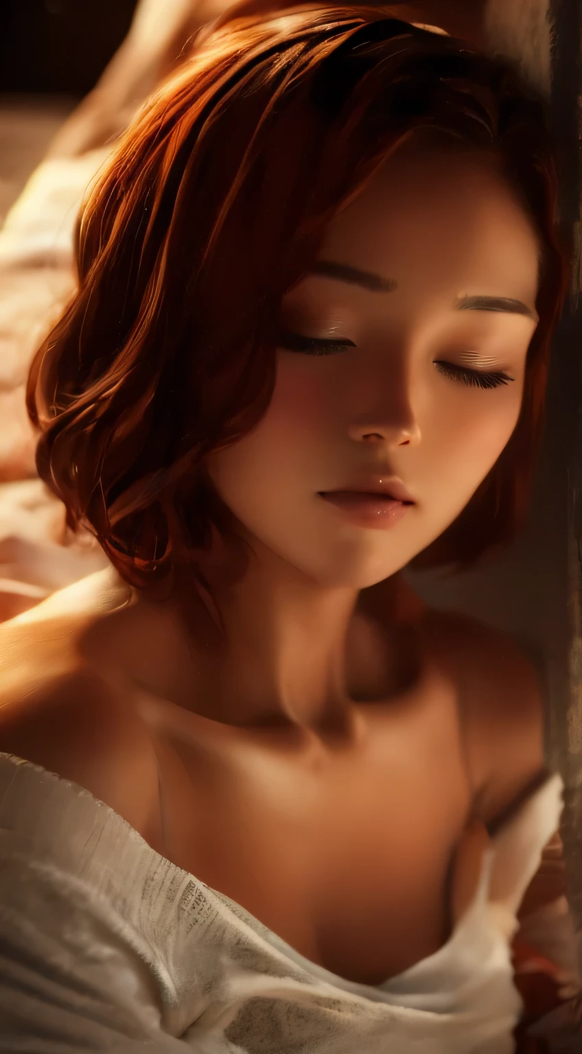 Amazing portrait of a woman who is 30 years old and an adult and a sexy woman with a beautiful face and a short bob hairstyle with her eyes closed and blushing intensely with her parted lips being desperate and flustered and lustful wearing an oversized off shoulder orange t shirt as she's laying on her bed during night time with soft lighting showcasing her red lips and her beautiful face in detail and close up