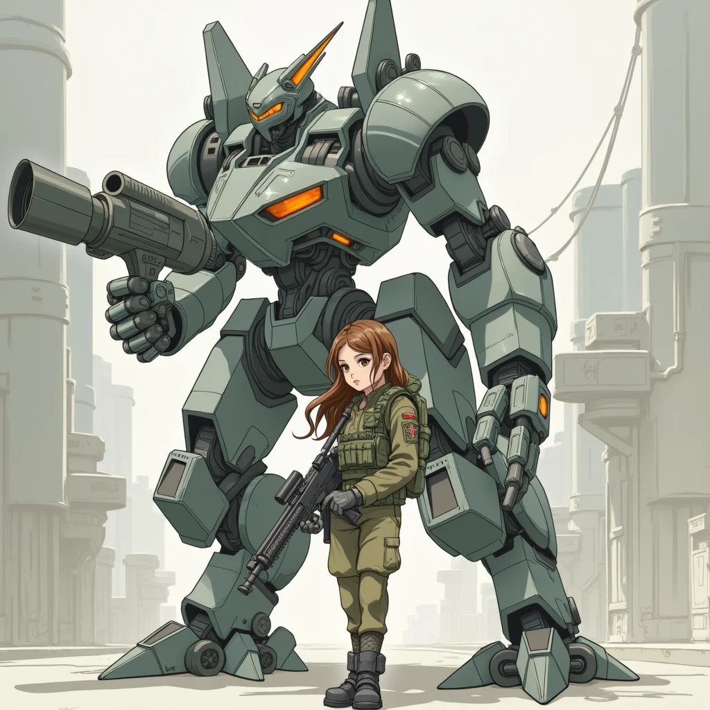 there is a girl with brown hair in millitary uniform holding heavy rilfe standing next to green mech robot with gun, metal gear mech, mecha animal, holding, standing, weapon, holding weapon, character name, gun, 1 humans, 1 robot, traditional media, robot, holding gun, mecha, 