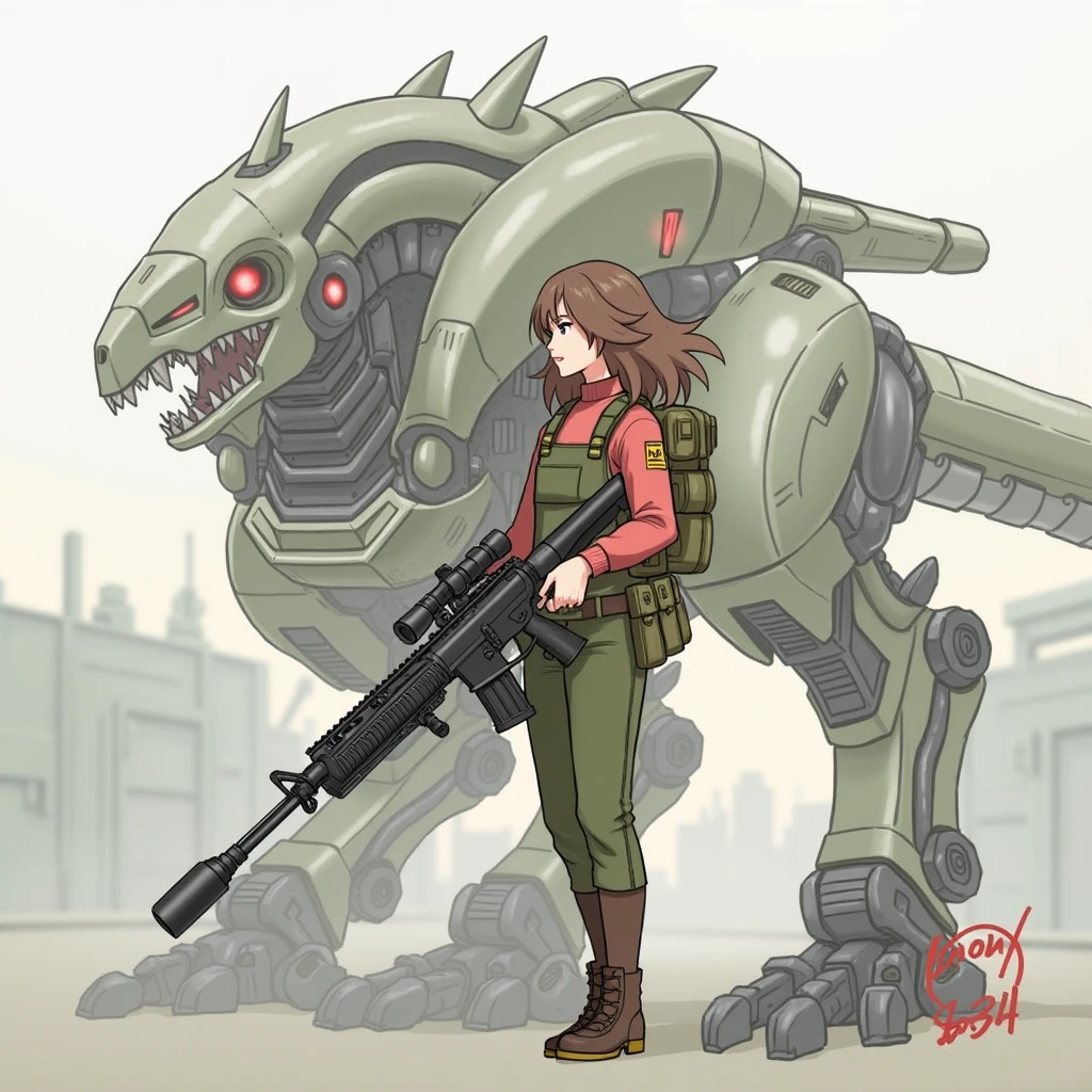 there is a girl with brown hair in millitary uniform holding heavy rilfe standing next to green mech robot with gun, metal gear mech, mecha animal, holding, standing, weapon, holding weapon, character name, gun, 1 humans, 1 robot, traditional media, robot, holding gun, mecha,