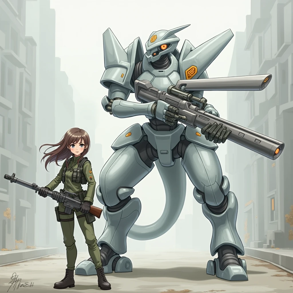there is a girl with brown hair in millitary uniform holding heavy rilfe standing next to green mech robot with gun, metal gear mech, mecha animal, holding, standing, weapon, holding weapon, character name, gun, 1 humans, 1 robot, traditional media, robot, holding gun, mecha,