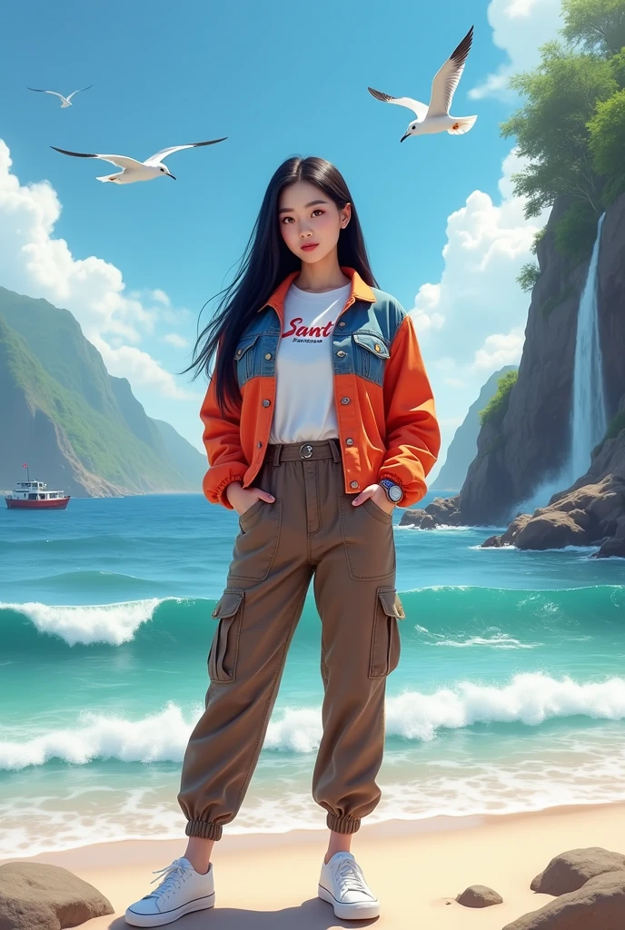 Beautiful Korean girl with smooth white skin, well-groomed face, long straight black hair, red and orange jeans jacket, white t-shirt with the Santi logo, brown cargo pants, cool watch, white shoes posing standing on the beach, background, sea waves, fishing boat, birds flying seagull. clear blue sky, very beautiful, mountains and waterfalls, the original photo is realistic